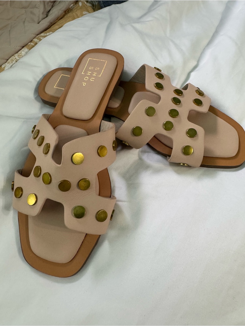 ShuShop Nude Slide Donatella Sandals with Gold Studs